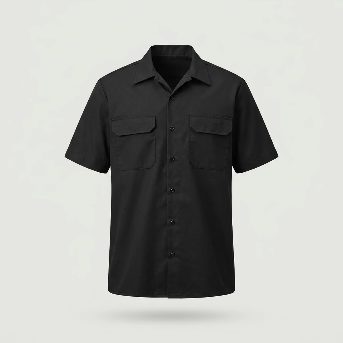 Black short-sleeve utility cook shirt with spread collar and two chest pockets