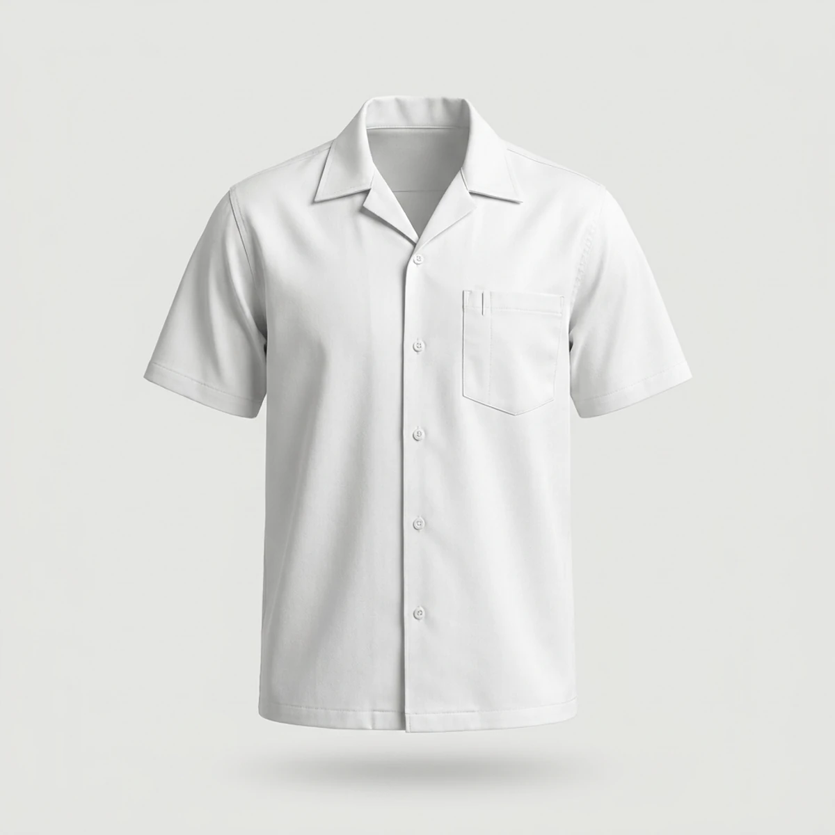 White short-sleeve utility cook shirt with camp collar and chest pocket