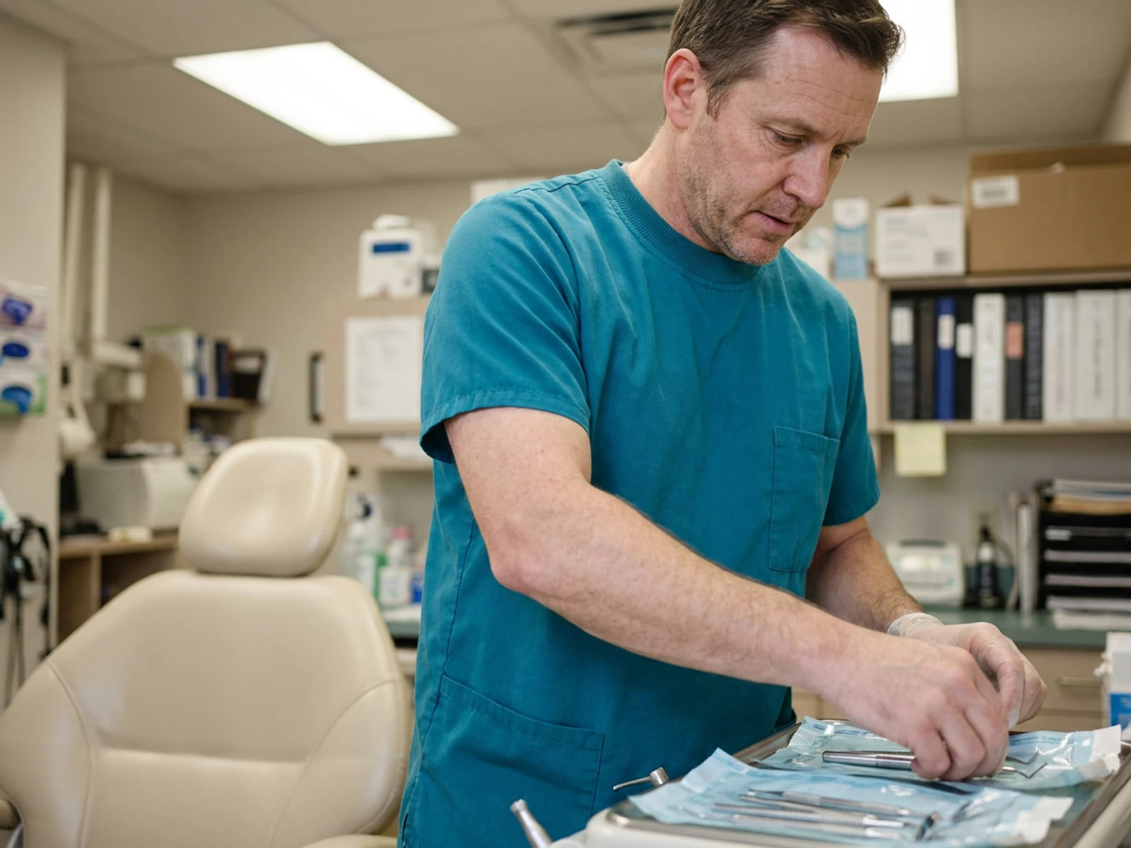 Dental hygienist in a teal crew neck scrub top preparing instruments in an operatory