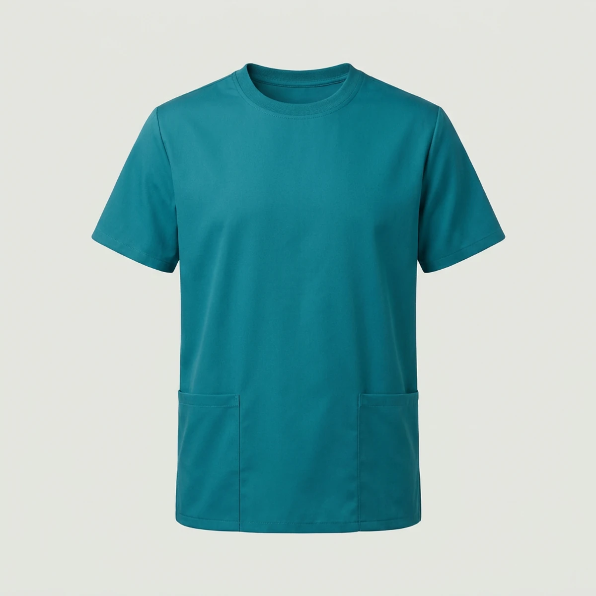Teal crew neck scrub top with ribbed collar and two lower patch pockets