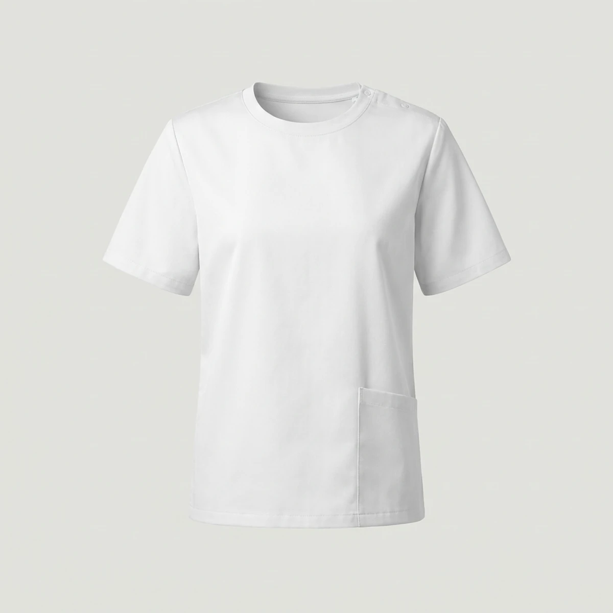 White crew neck scrub top with side snap shoulder and short sleeves