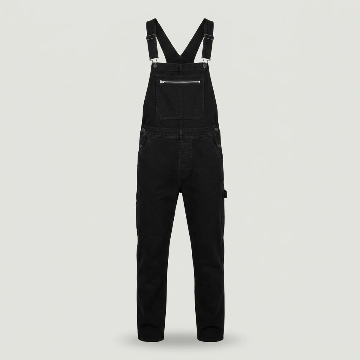 Black denim bib overalls with zip bib pocket and rule pocket