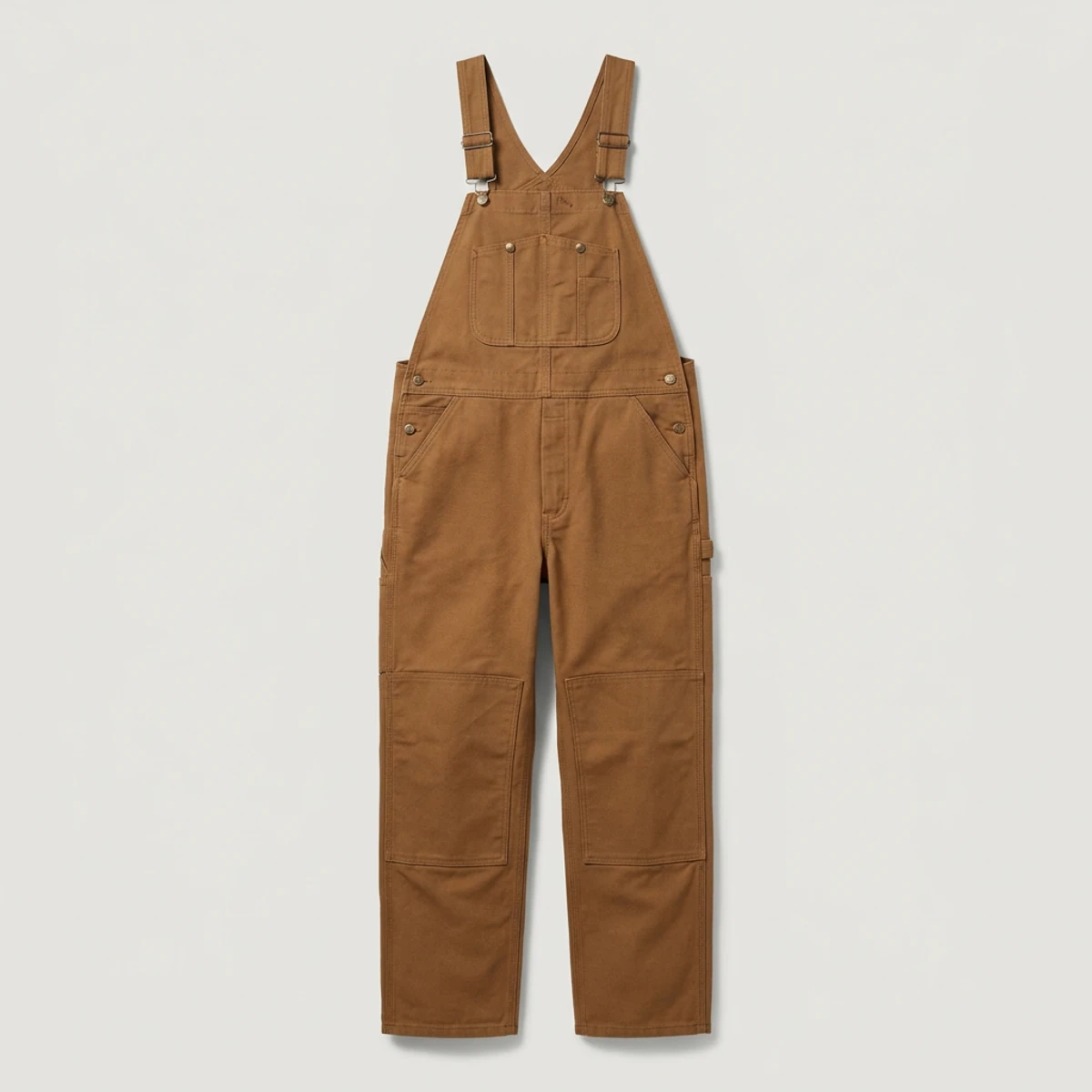 Brown duck canvas bib overalls with double knees and suspenders