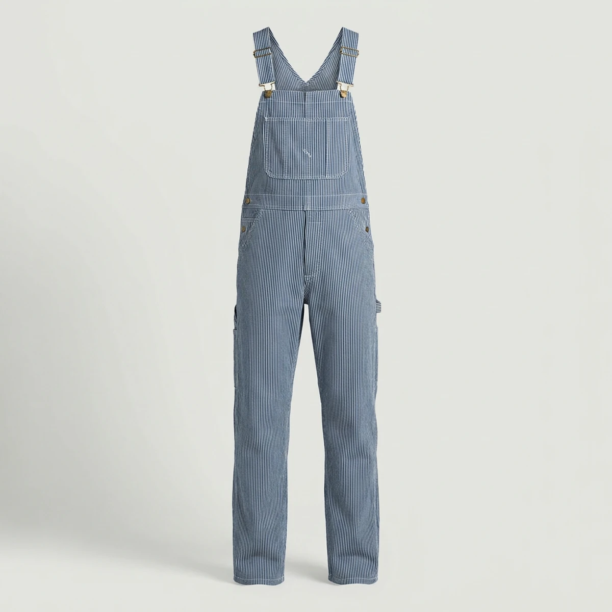 Hickory stripe bib overalls with brass buckles and tool pockets