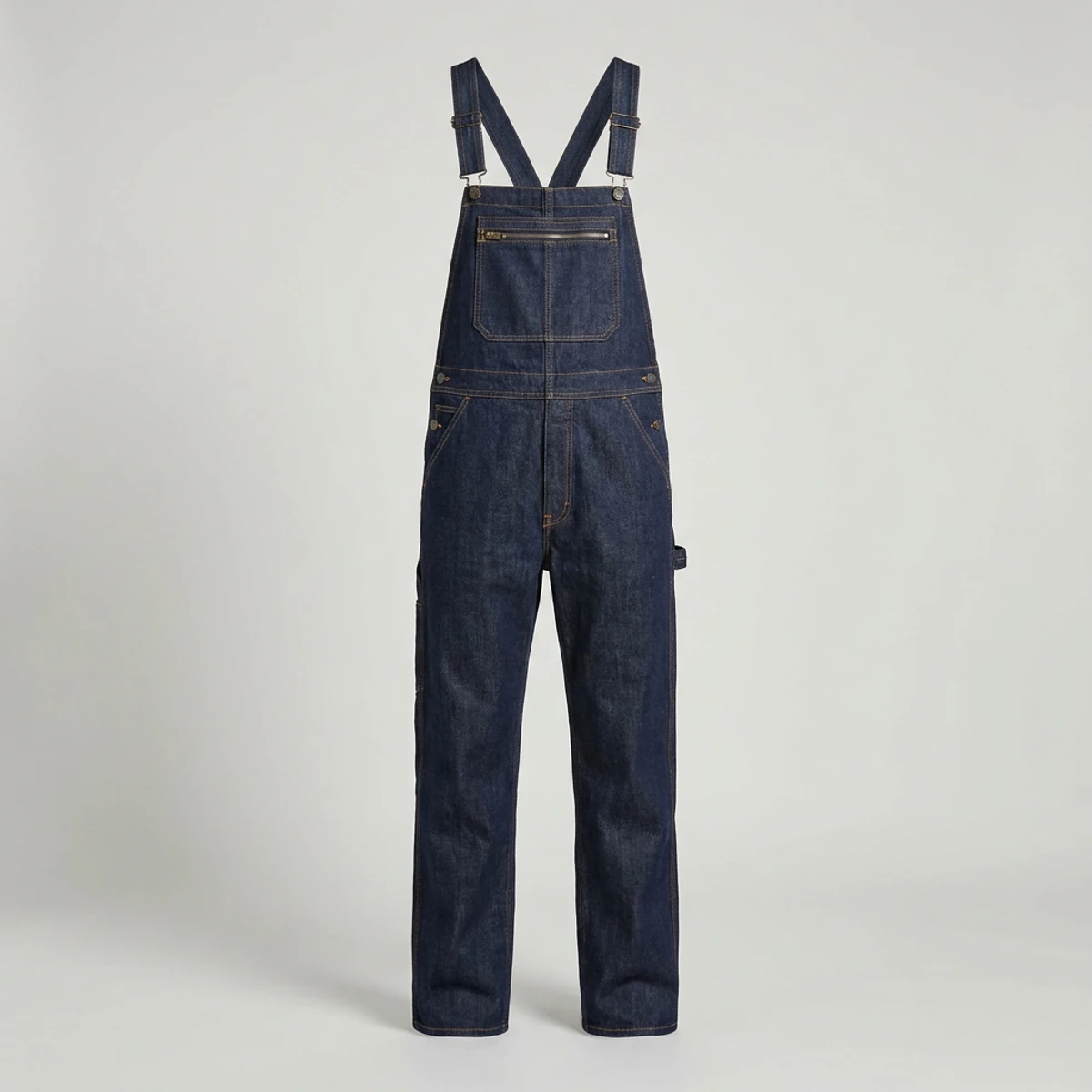 Indigo denim bib overalls with adjustable suspenders and bib pocket