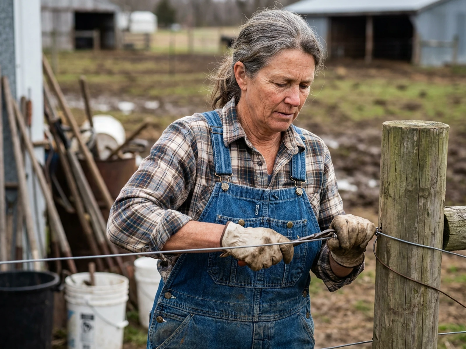 Farmer in indigo denim bib overalls repairing a fence post on a farm