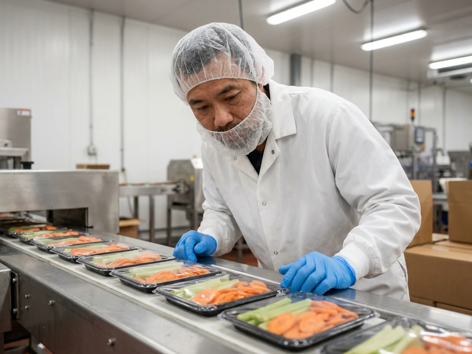 Food processing worker in a white snap-front frock, hairnet and beard cover inspecting packaged vegetables on a stainless steel line