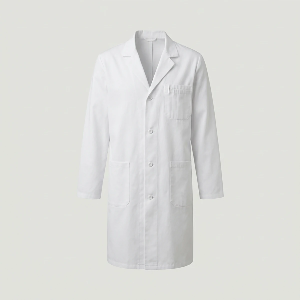 White knee-length lab coat with five-button front and back vent