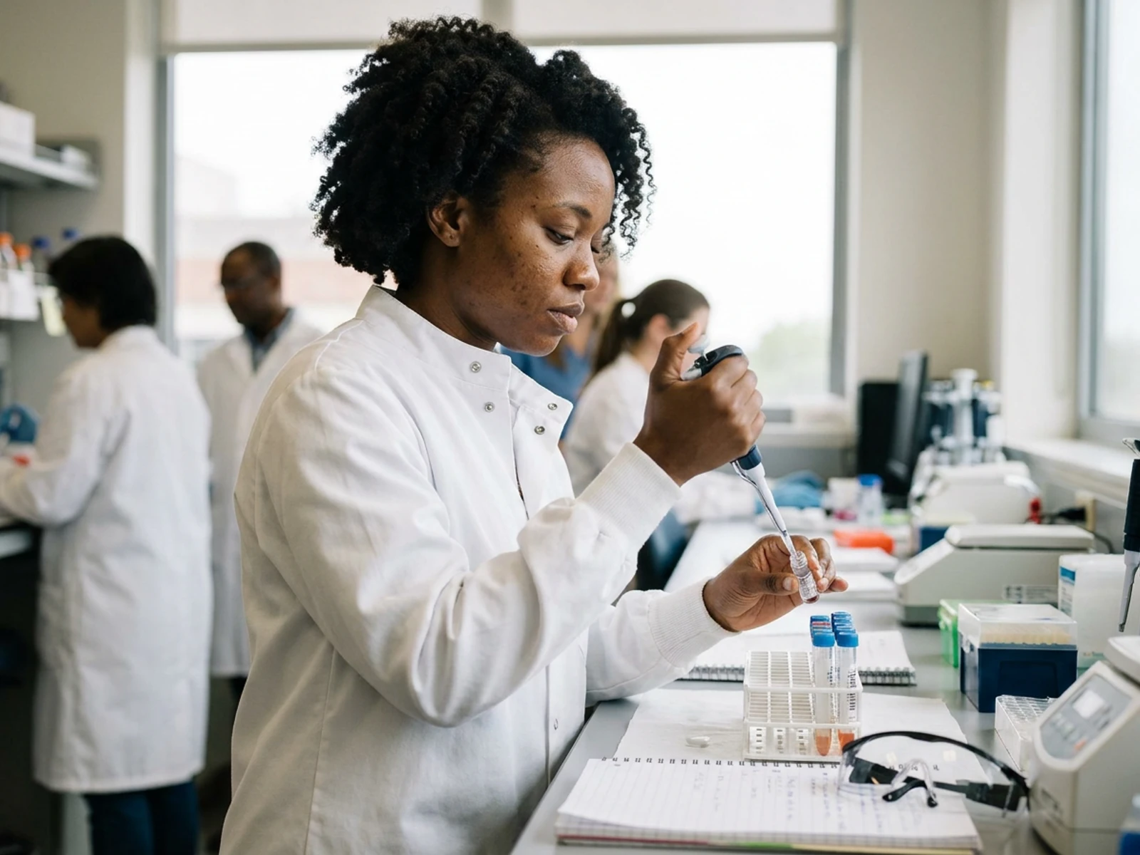 Lab technologist in a white knee-length lab coat pipetting samples at a laboratory bench
