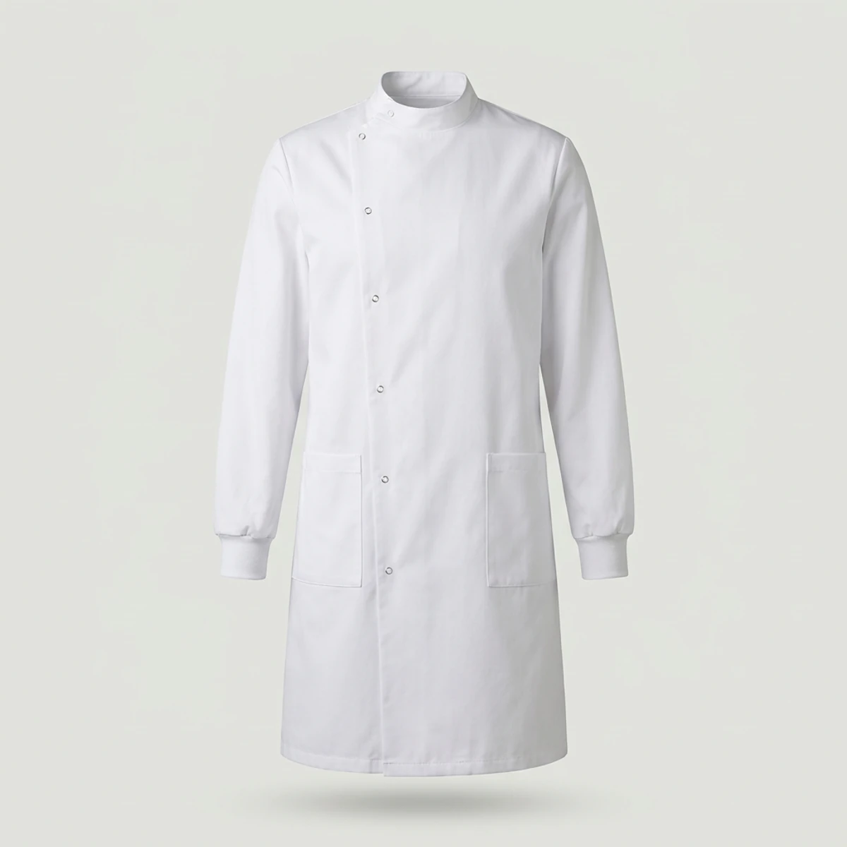 White knee-length lab coat with stand collar and side snap closure
