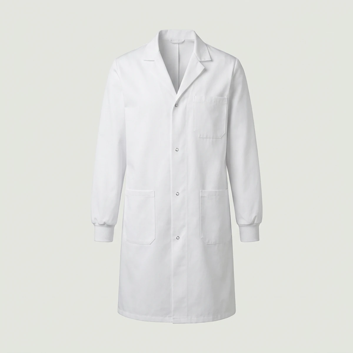 White knee-length laboratory coat with knit cuffs and snap front