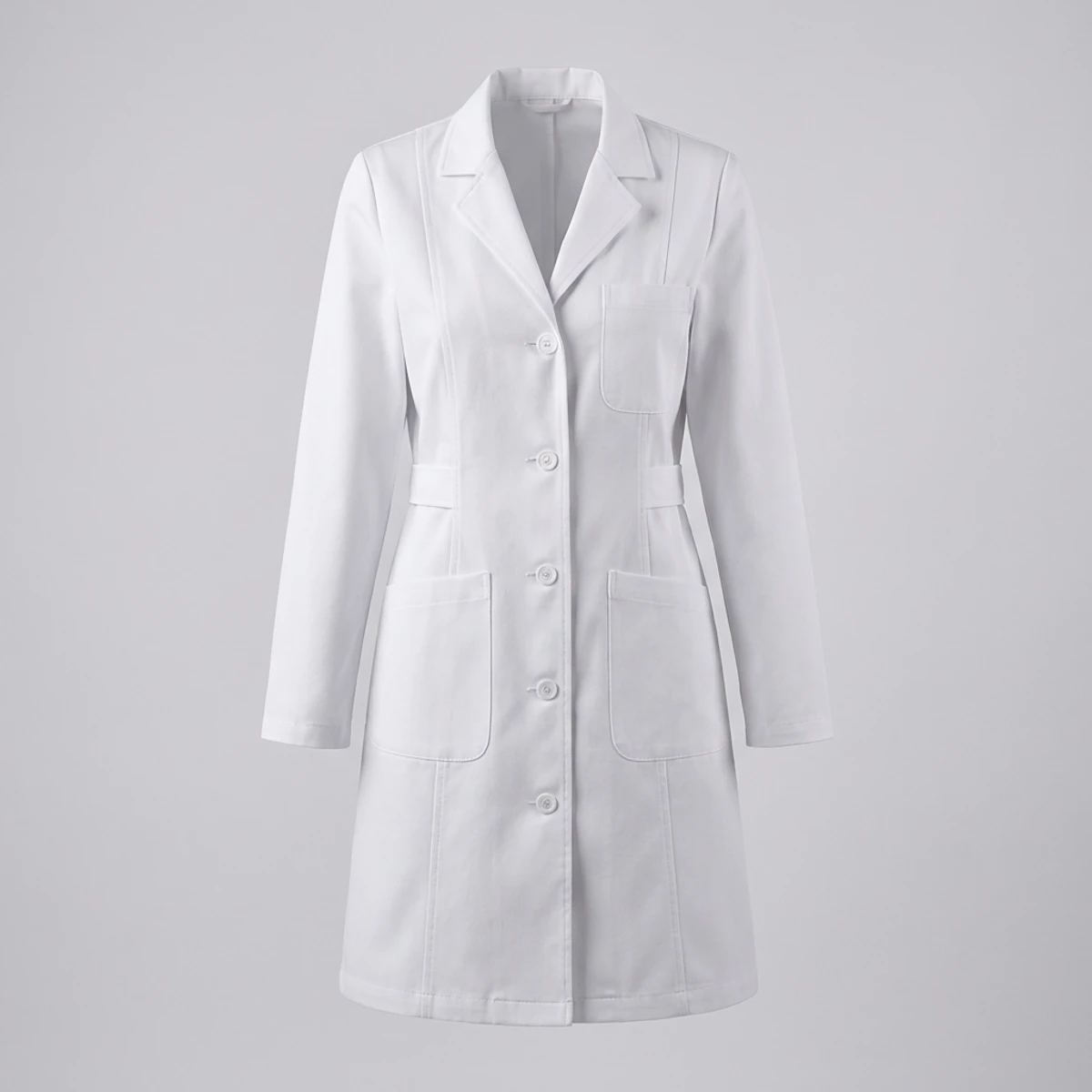 Women's fitted white knee-length lab coat with back belt and princess seams