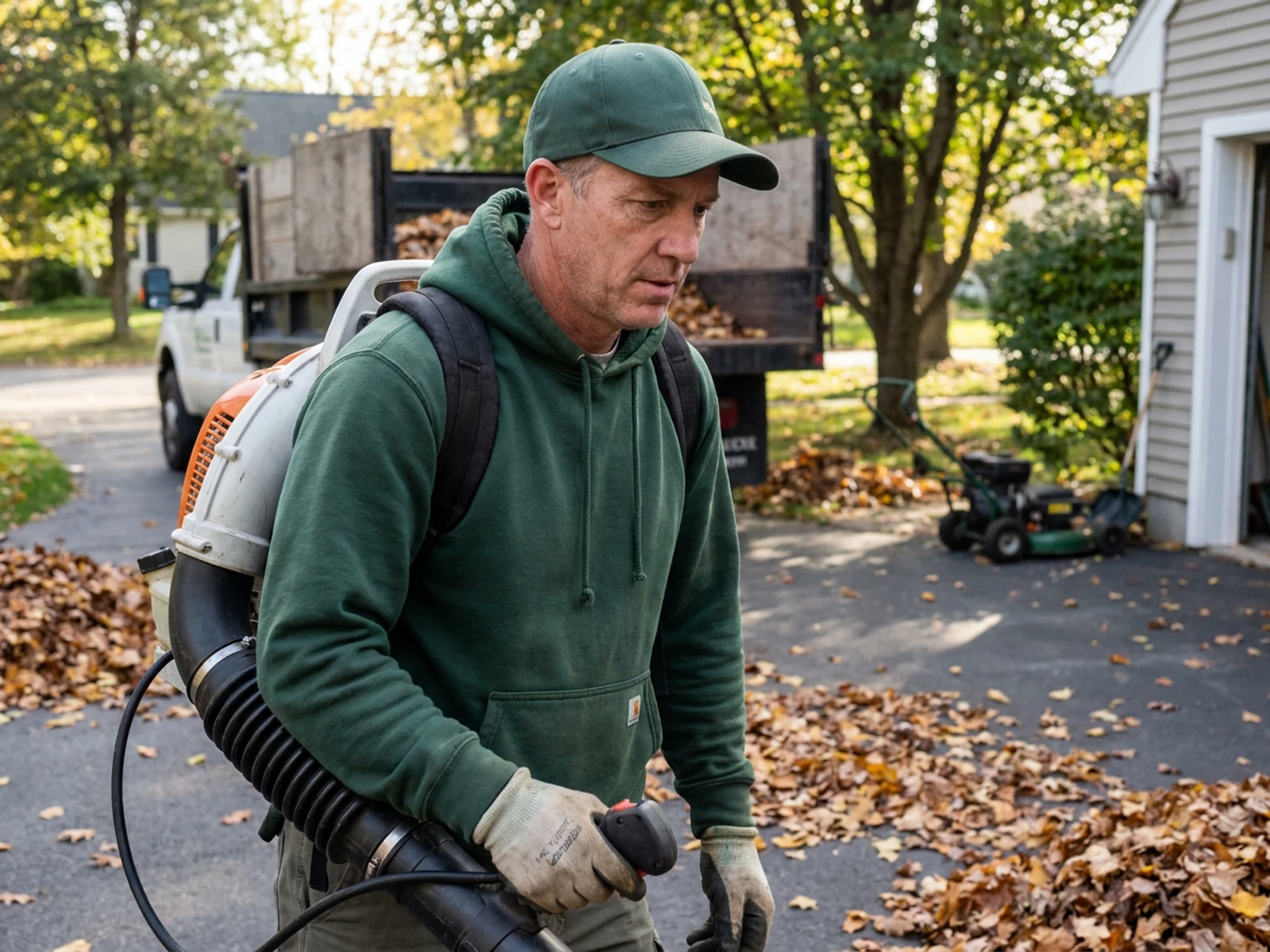 Landscaper in a hunter green pullover hoodie clearing autumn leaves with a backpack blower