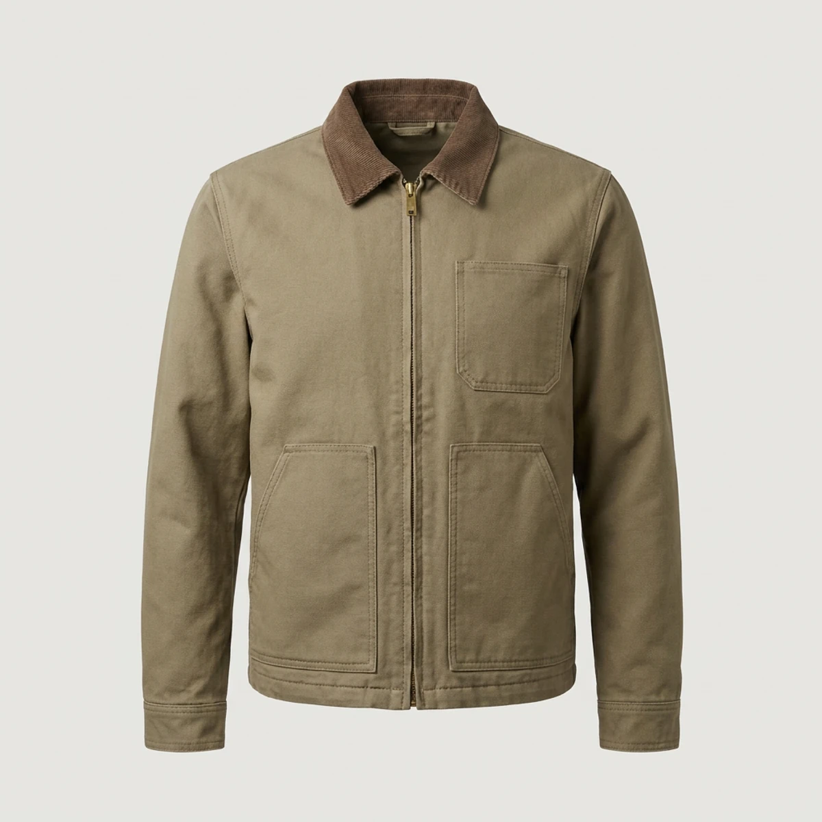 Khaki canvas work jacket with corduroy collar and zip front