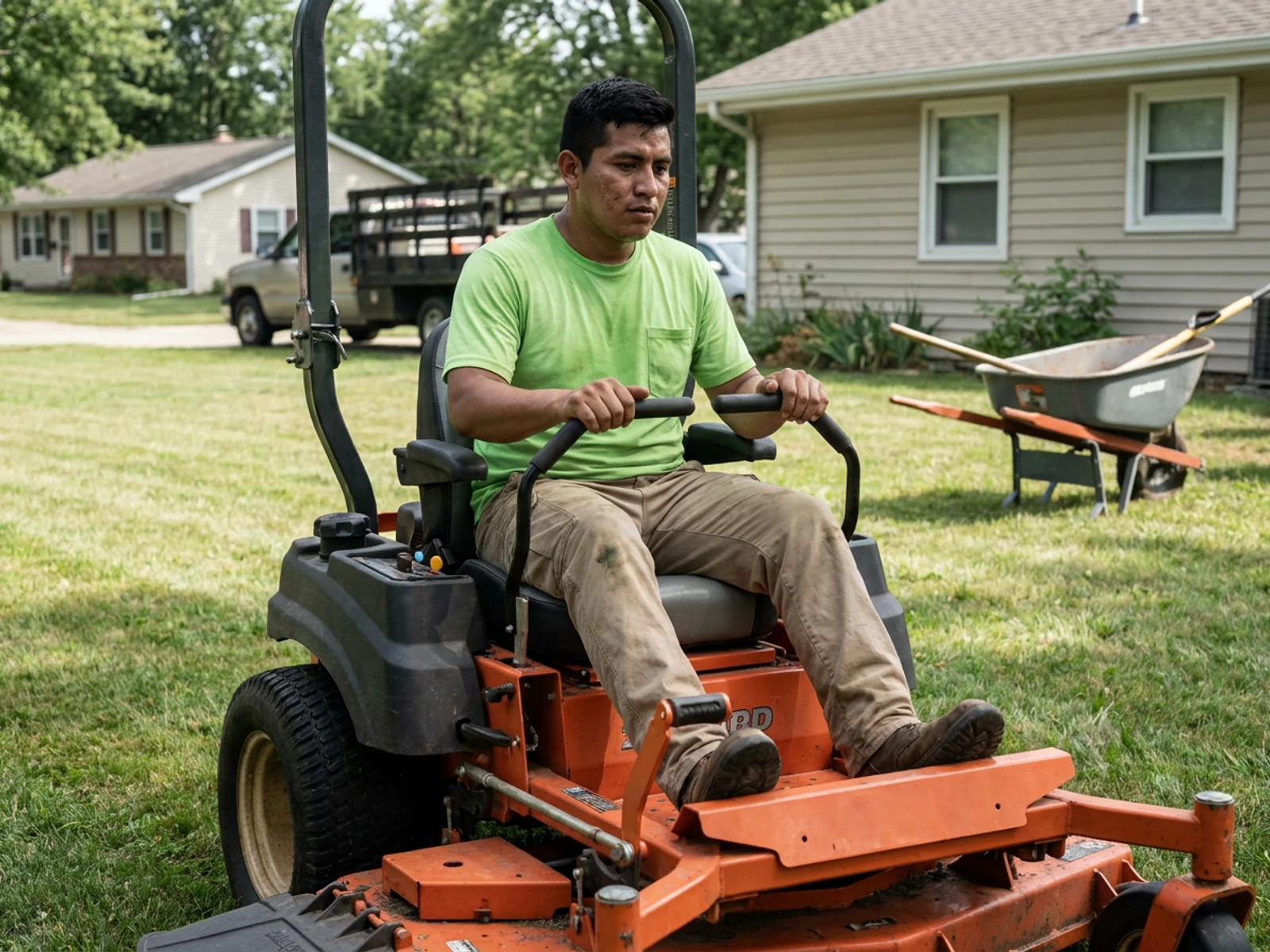 Landscaper in a safety green crew tee mowing a lawn with a commercial mower