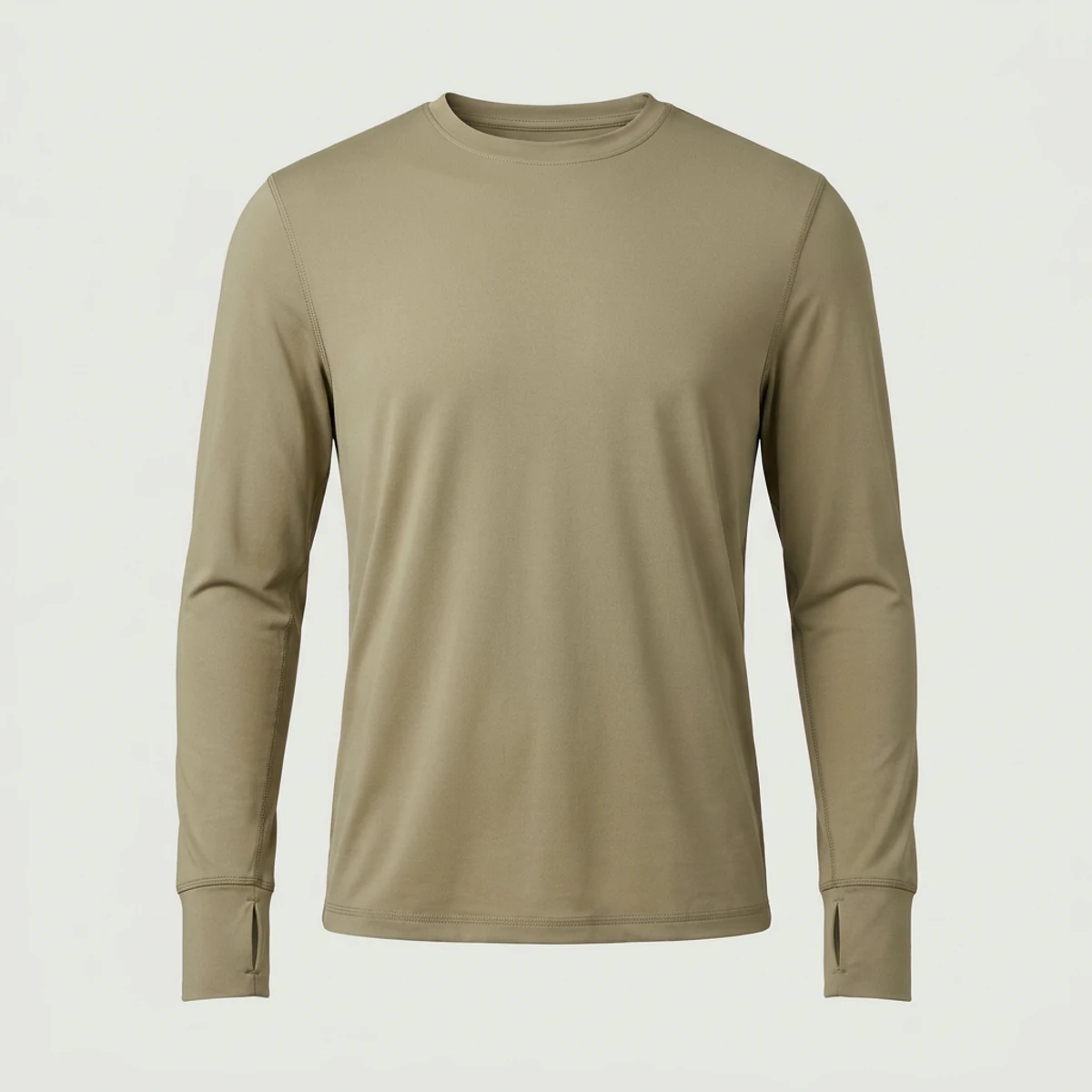 Khaki long-sleeve sun shirt with thumbholes for landscaping crews