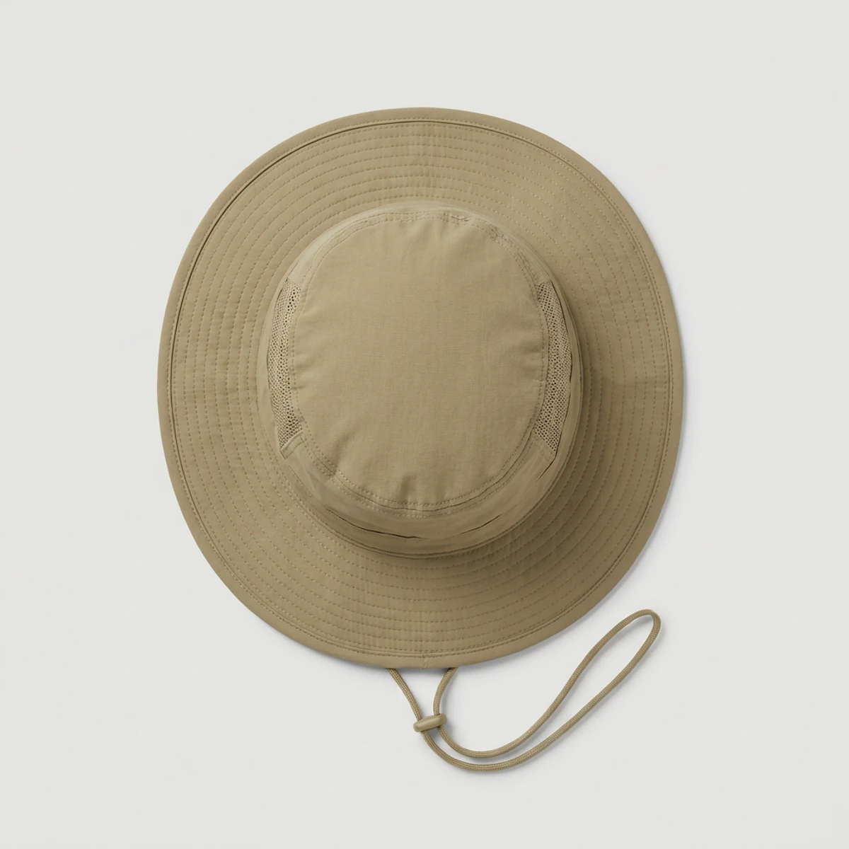 Khaki wide-brim sun hat with neck cord for outdoor crews