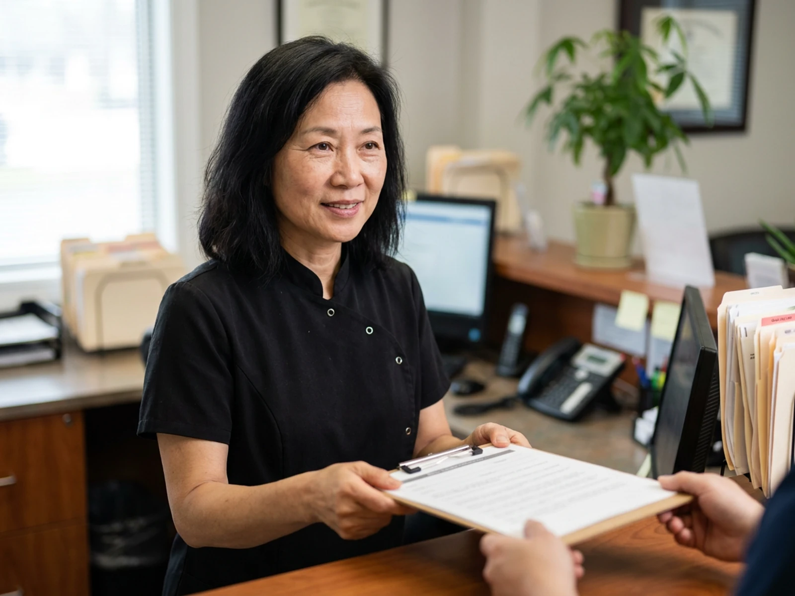 Clinic receptionist in a black mandarin-collar tunic checking in a patient