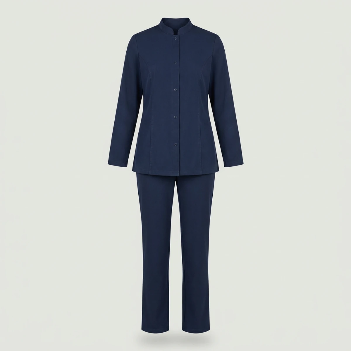 Navy tunic top with matching straight pants for front office staff