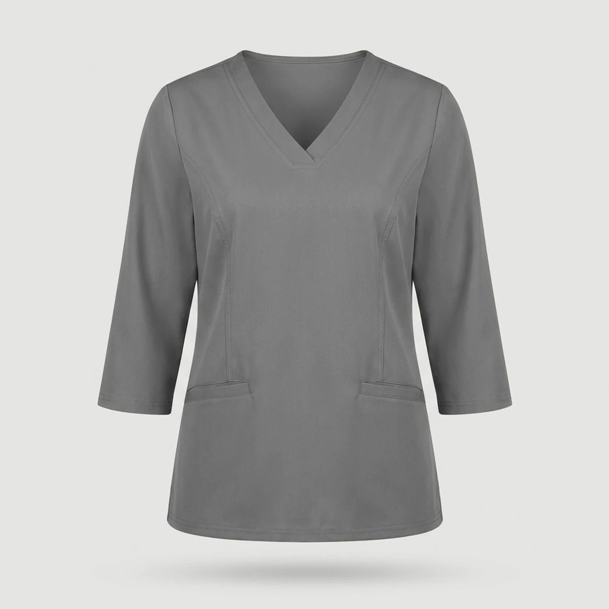Pewter grey V-neck top with three-quarter sleeves for reception staff