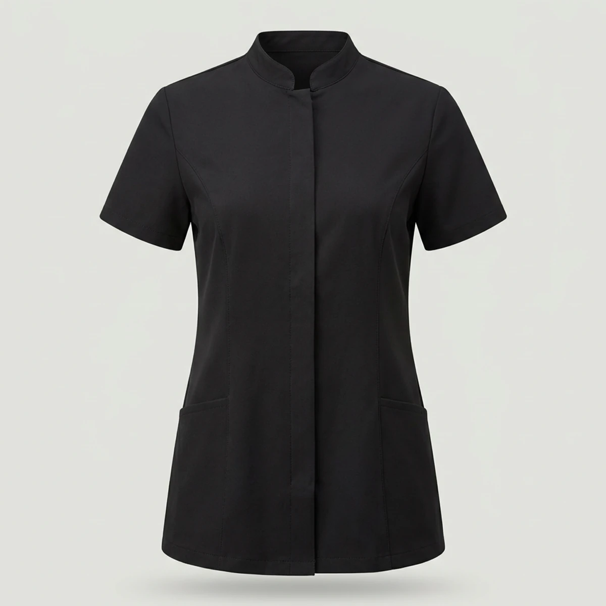 Black mandarin-collar tunic top with snap front for clinic front desk staff