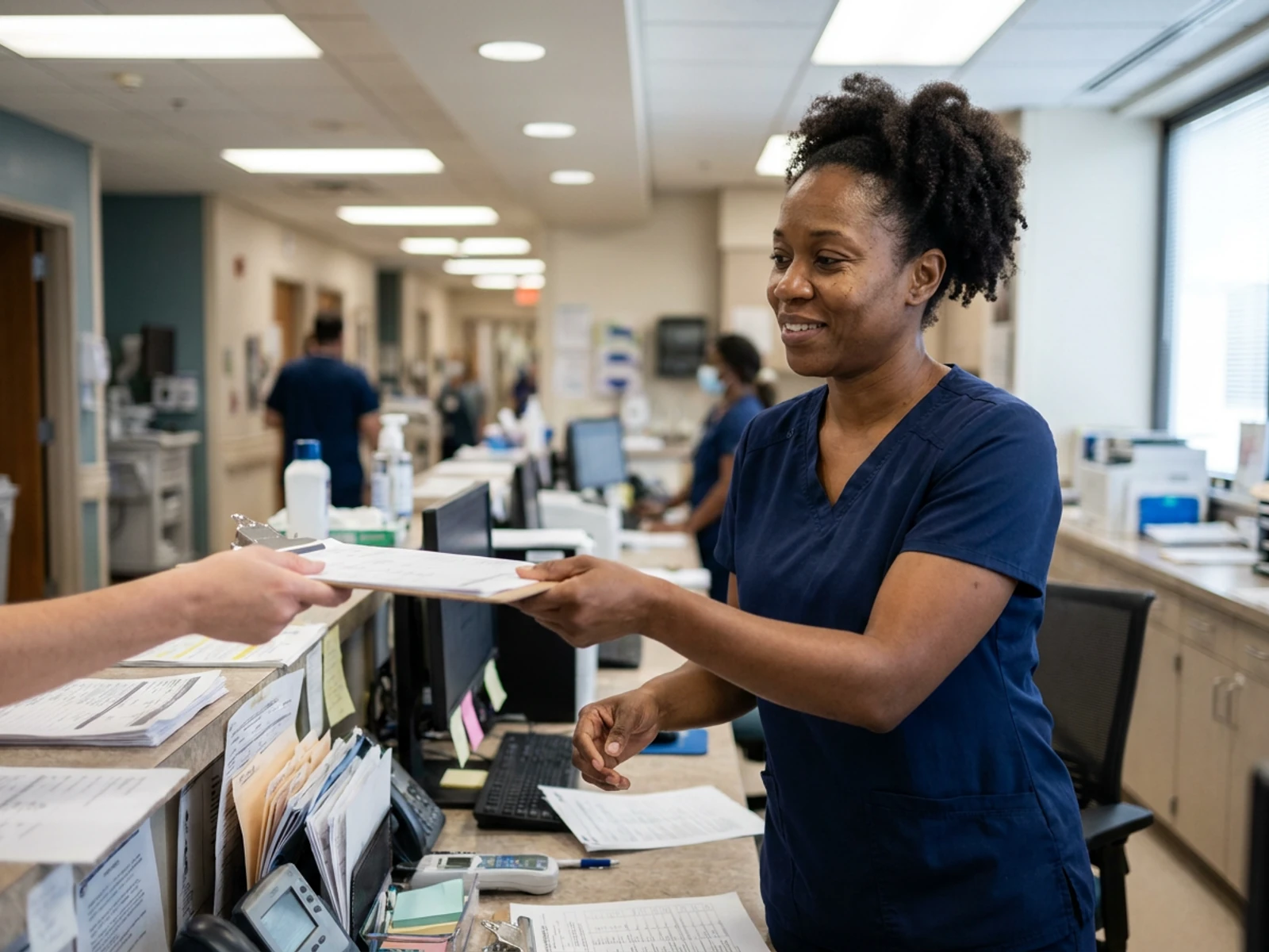 Nurse in a navy scrub set handing a chart to a colleague at a hospital desk