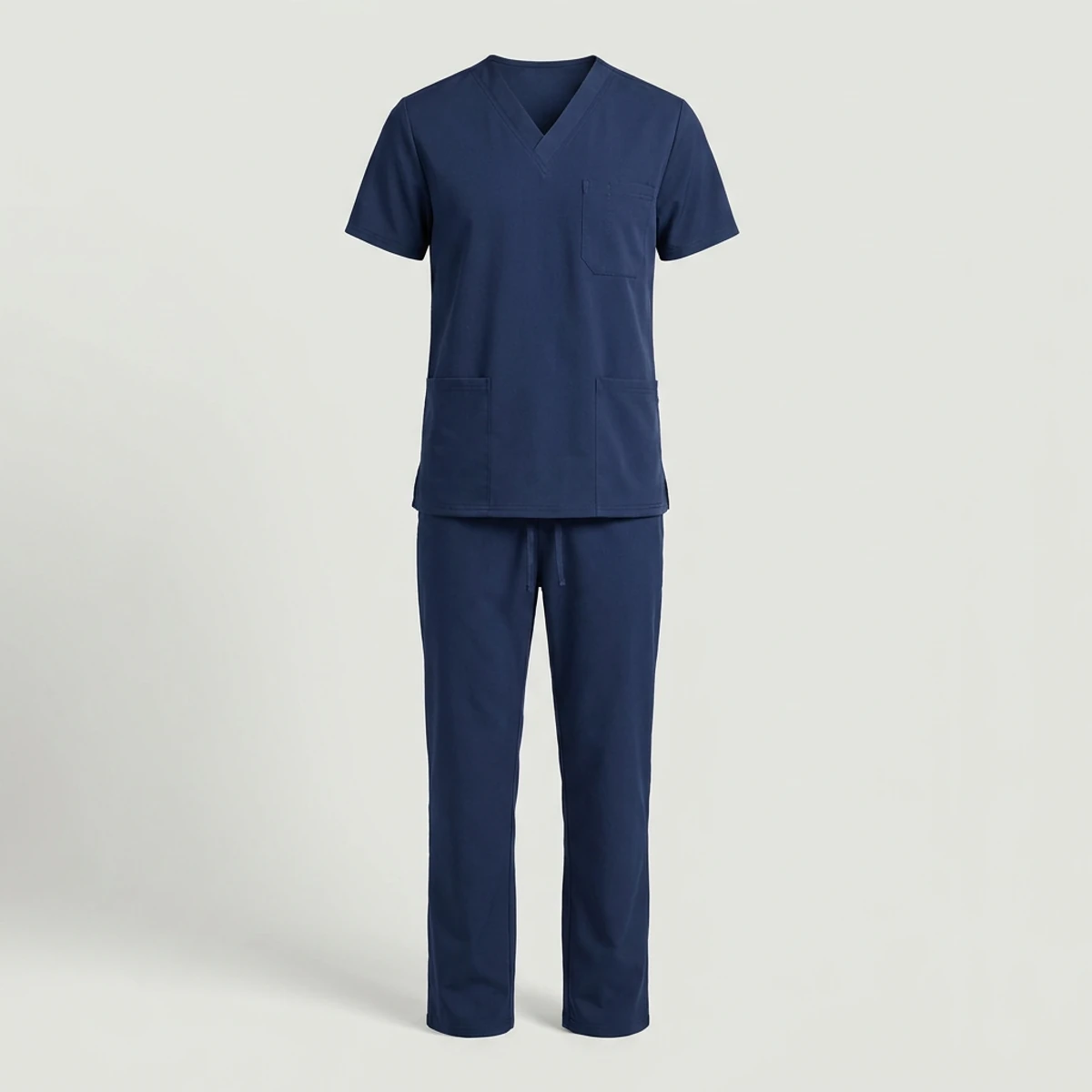 Navy V-neck scrub top and matching straight-leg pants as one uniform set