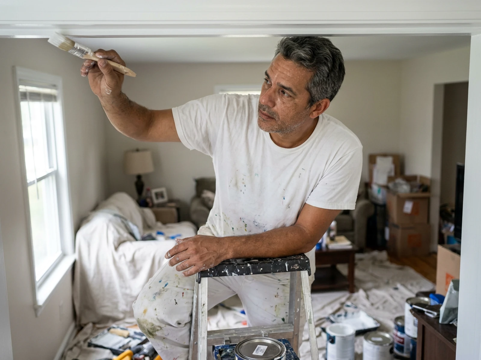 House painter in white painter pants cutting in trim inside a residential living room