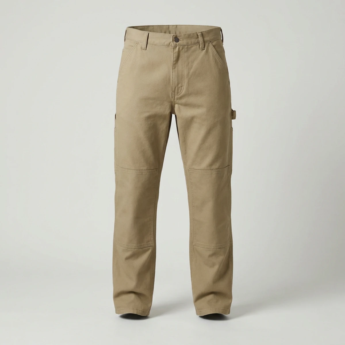 Khaki double-knee painter pants with reinforced pockets and hammer loop