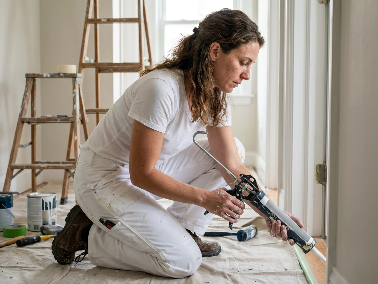 Painter in white double-knee painter pants caulking a baseboard on her knees