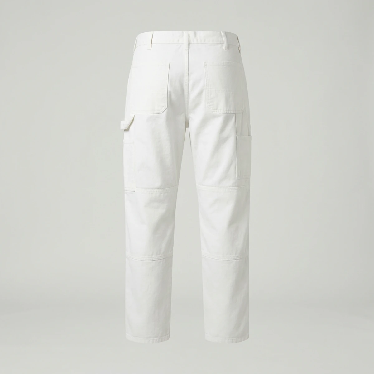 White double-knee painter pants with kneepad openings and leg pockets