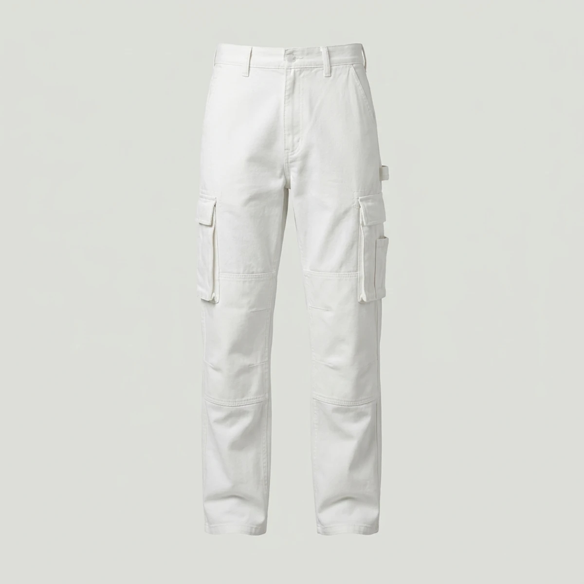 White painter pants with extra cargo pockets for drywall tools