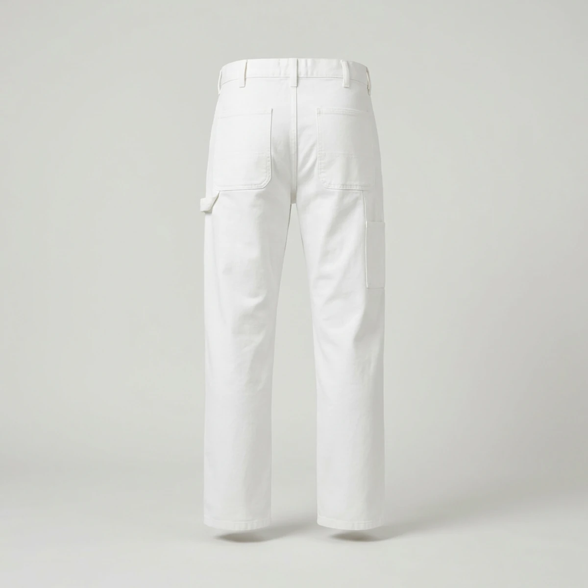 White painter pants with wide tool-belt loops and back pockets
