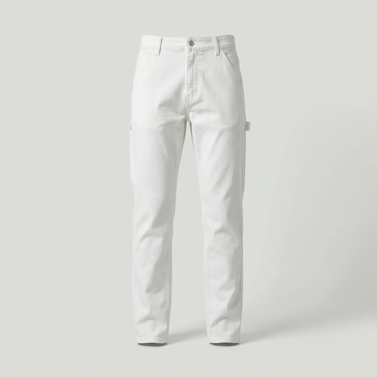 Slim-fit white painter pants with stretch and tool pocket