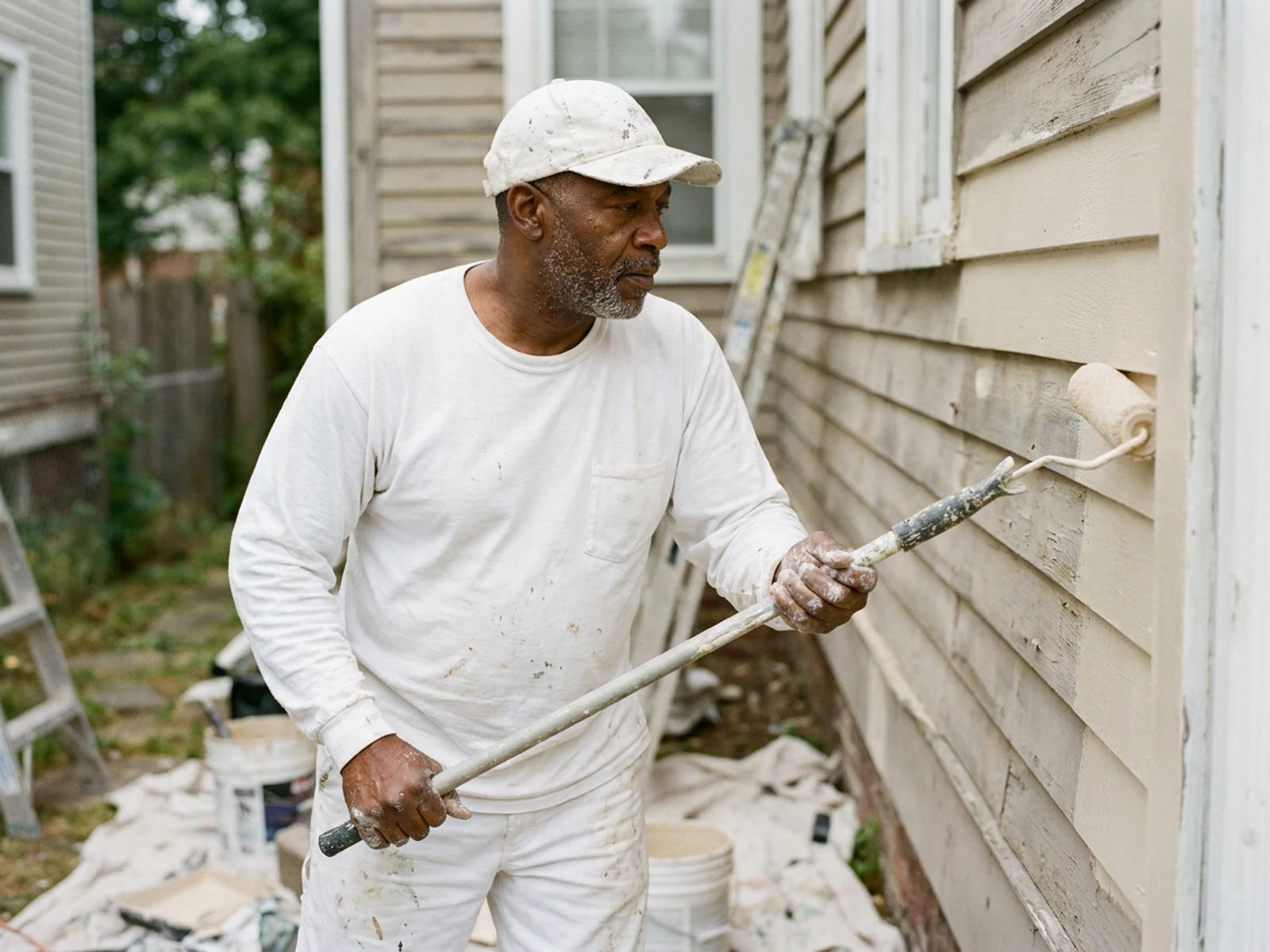 Exterior painter in a white painters cap rolling paint on house siding