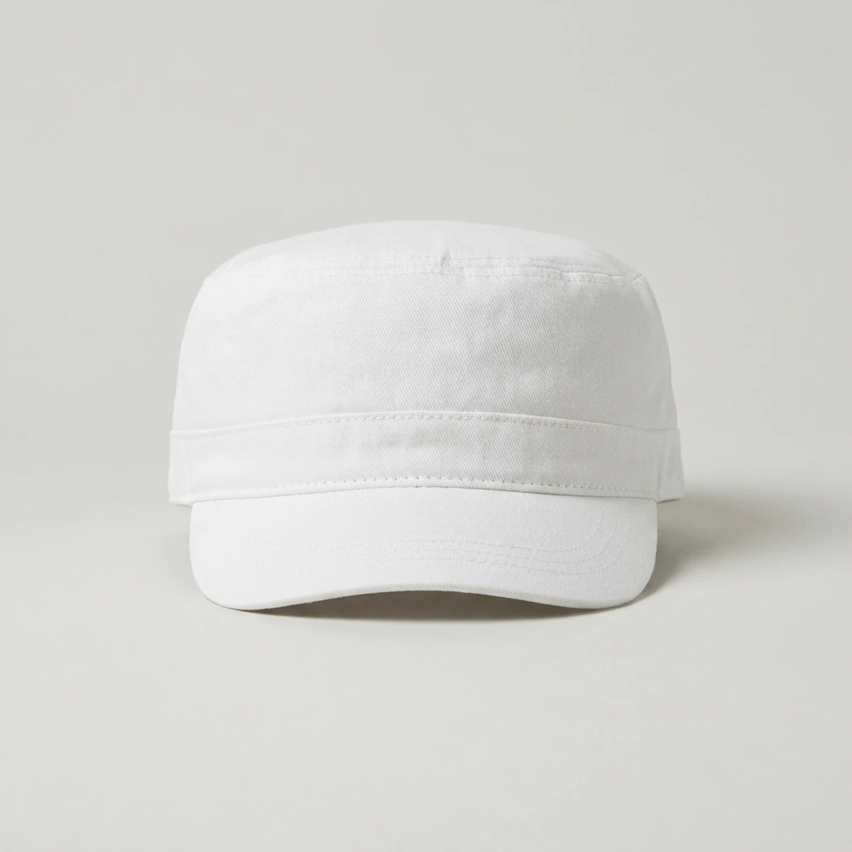 White cotton painters cap with short brim and flat crown