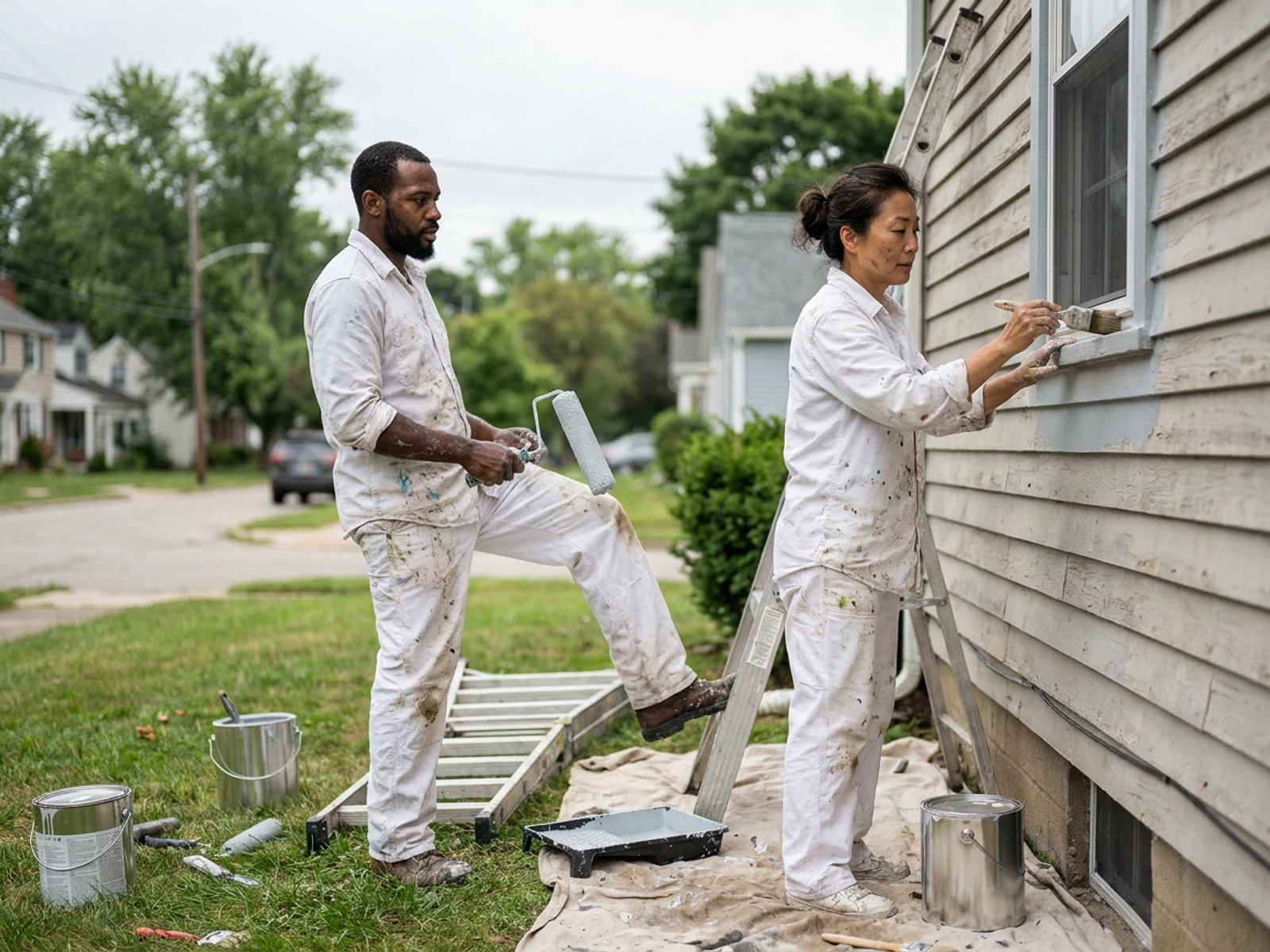 Two house painters in white long-sleeve work shirts and white painter pants painting the siding and window trim of a house
