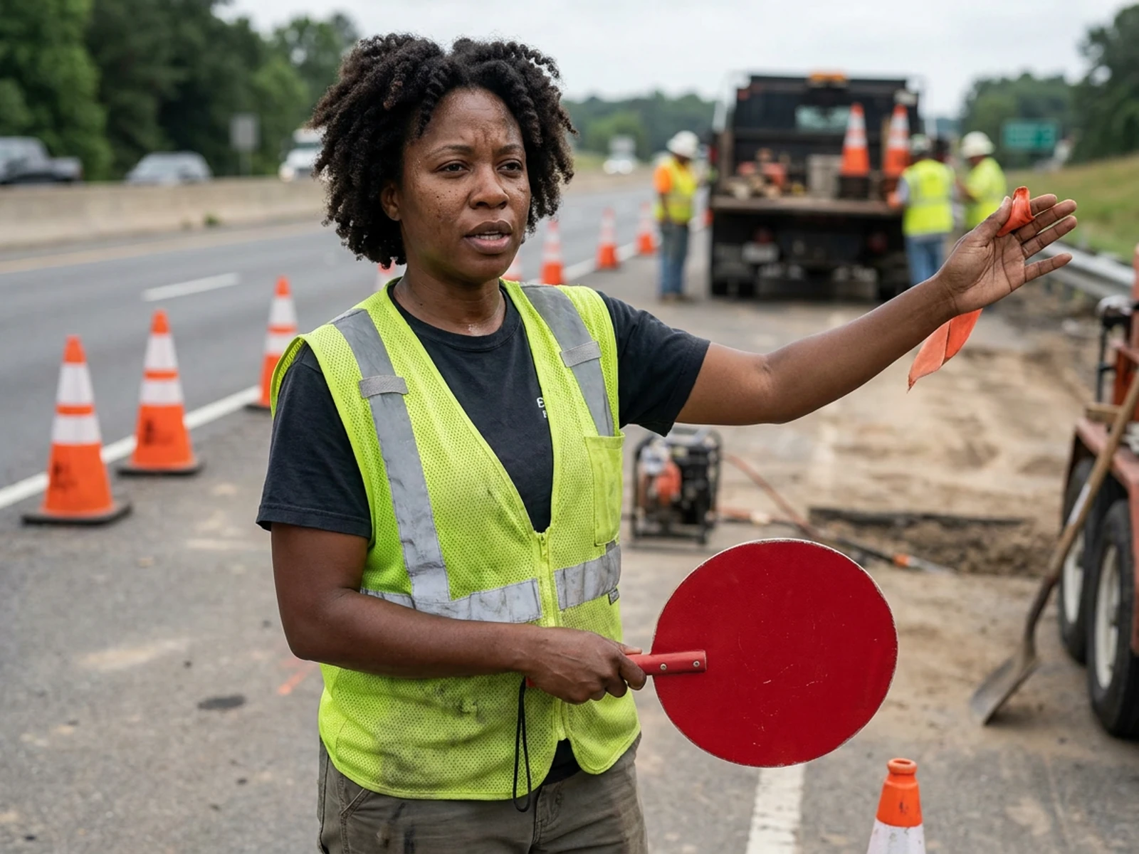 Road worker in a yellow-green safety vest directing traffic in a highway work zone