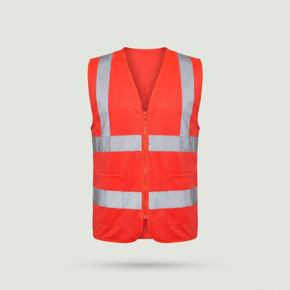 Fluorescent orange solid safety vest with silver reflective stripes and pockets