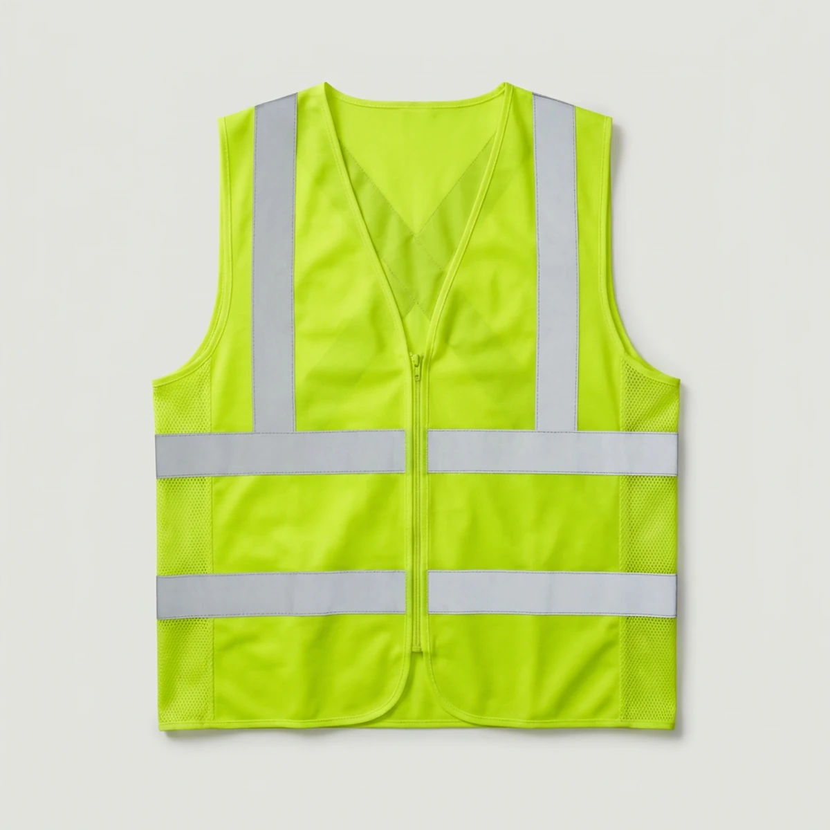 Fluorescent yellow-green solid safety vest with silver reflective tape and zipper