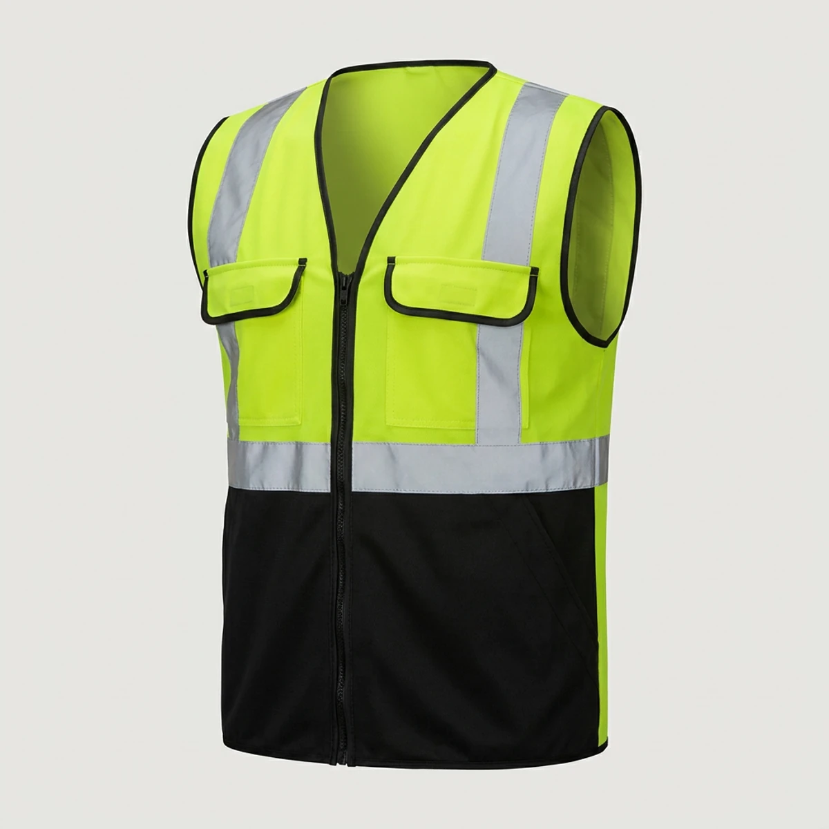 Black supervisor vest with yellow-green shoulder panels and reflective tape