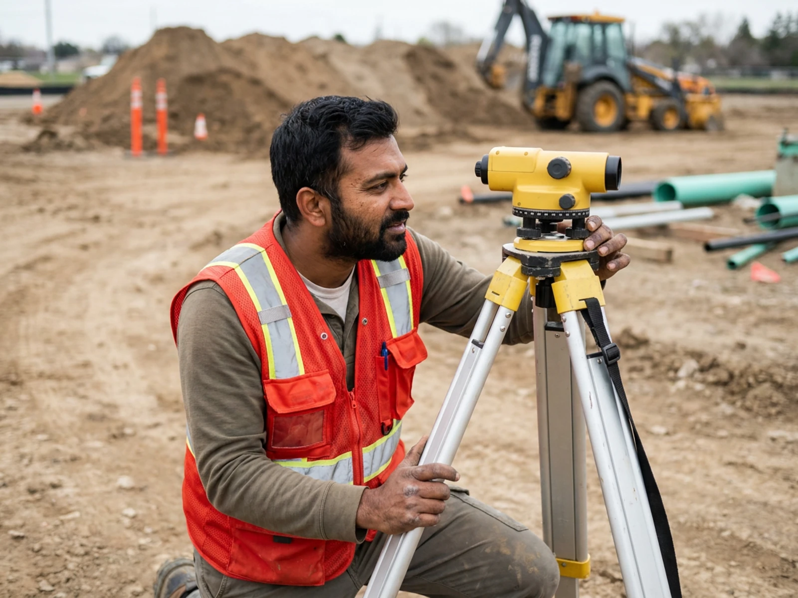 Land surveyor in an orange surveyor safety vest setting up a tripod at a construction site