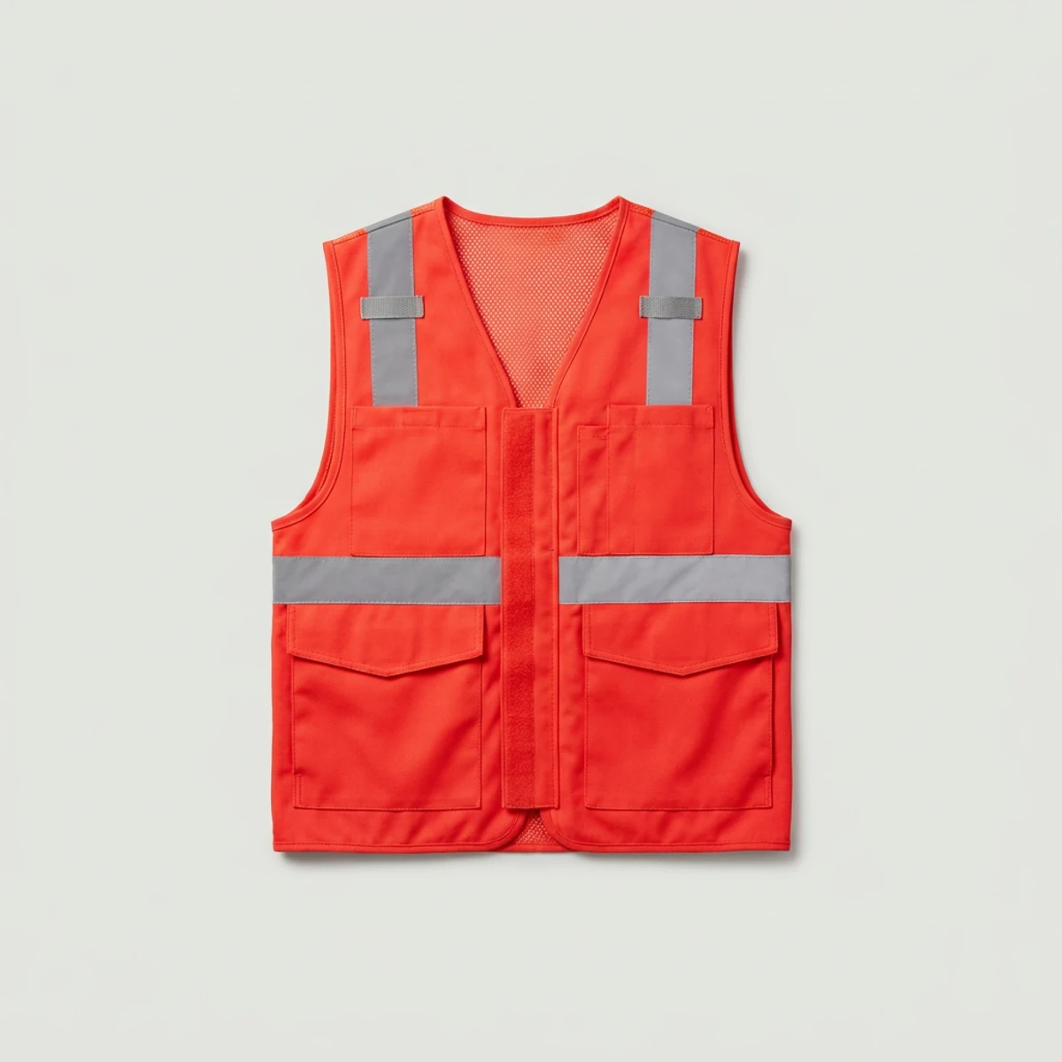 Fluorescent orange mesh-back surveyor vest with solid front pockets