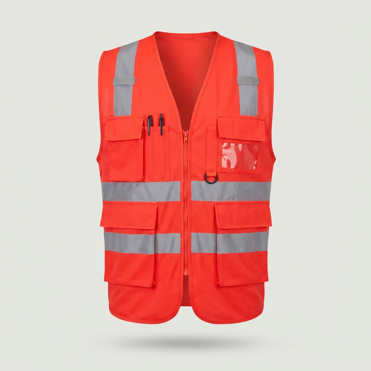 Fluorescent orange surveyor safety vest with many pockets and reflective tape