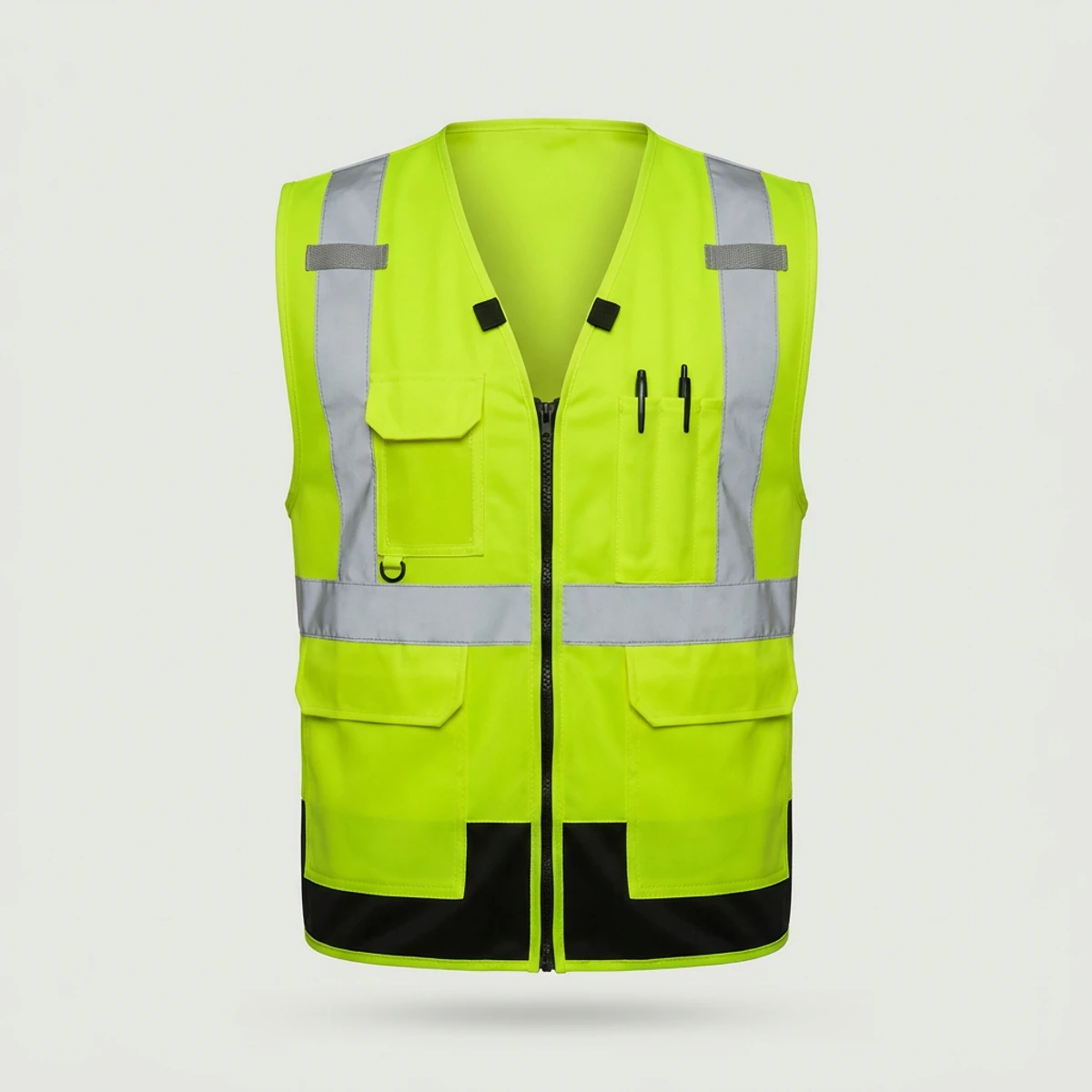 Fluorescent yellow-green surveyor vest with tablet pocket and mic tabs