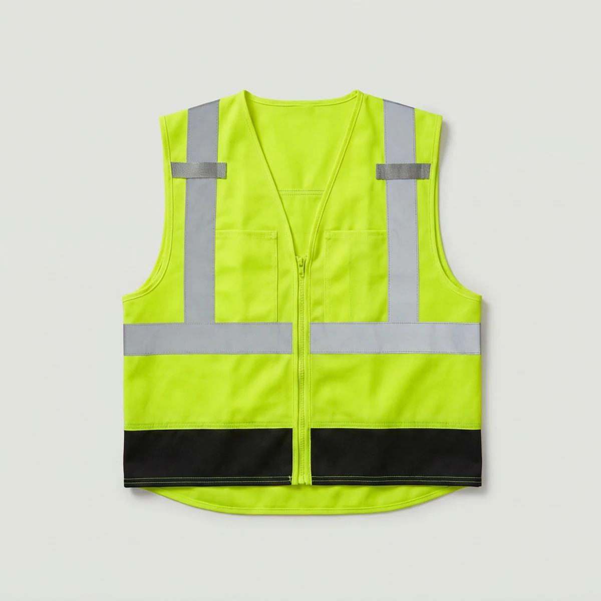 Yellow-green safety vest with contrast black bottom trim and reflective tape