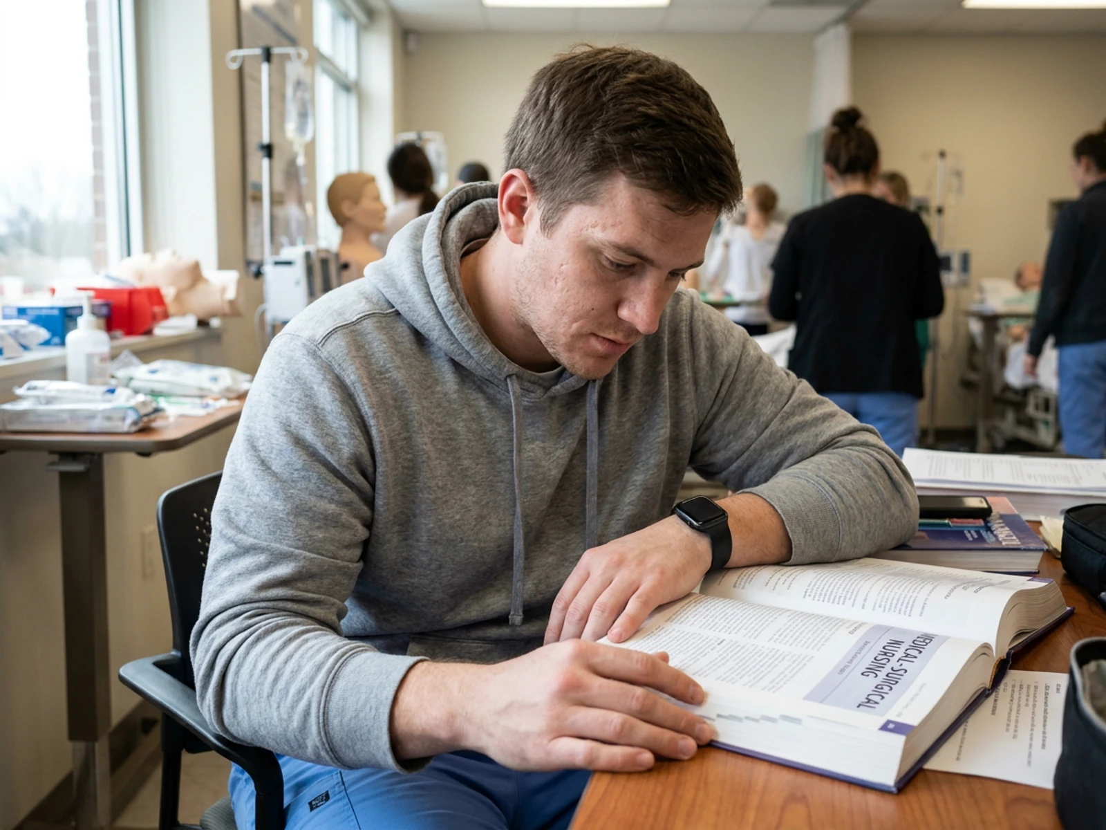Nursing student in a heather grey pullover hoodie studying in a skills lab