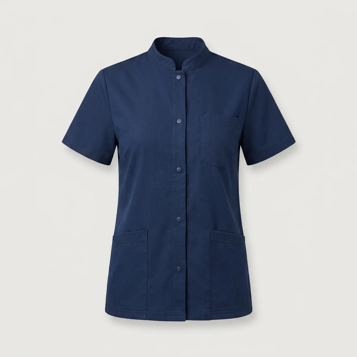 Navy snap-front scrub top with mandarin collar and chest pocket