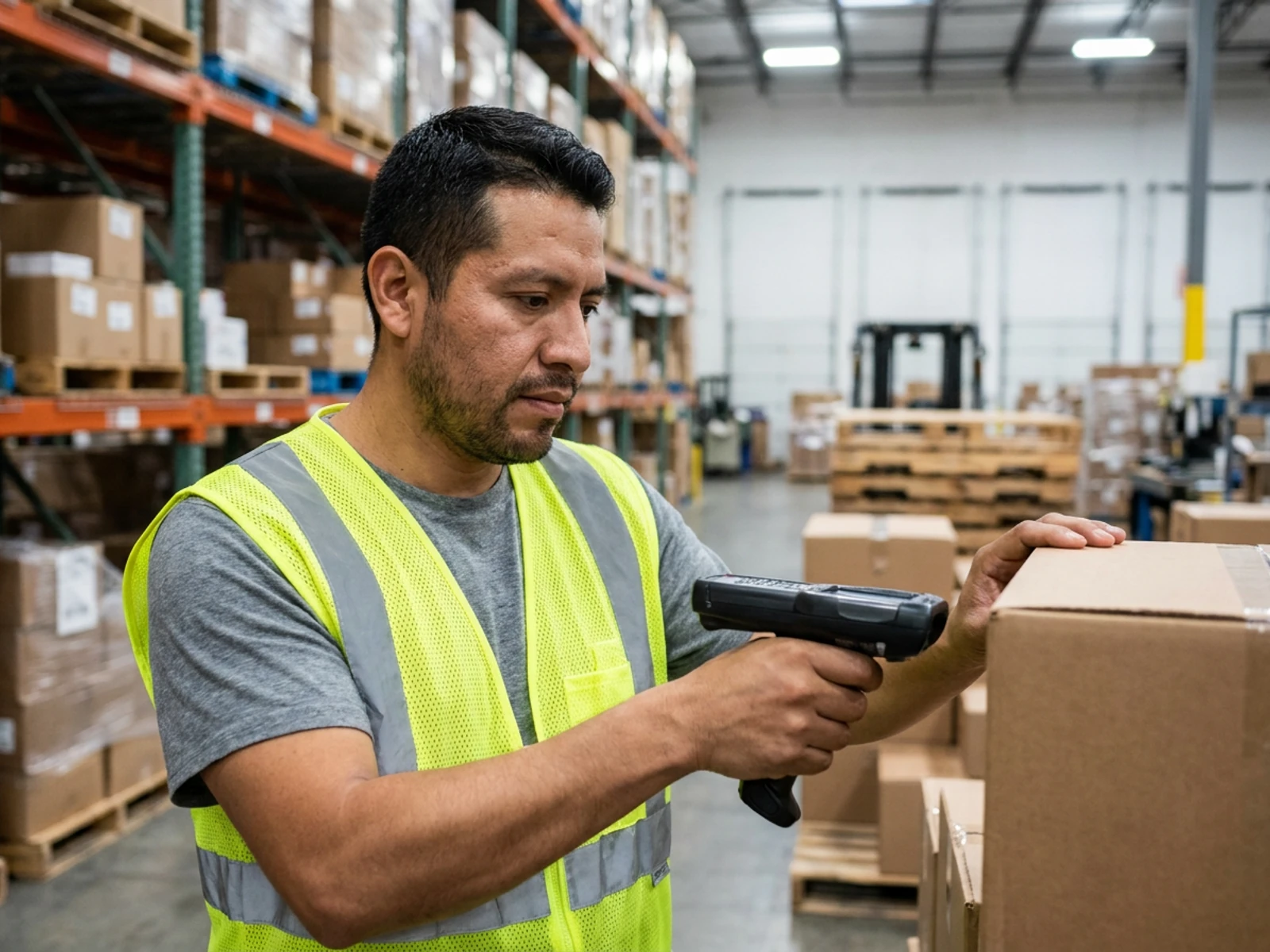 Warehouse worker in a yellow-green mesh safety vest scanning boxes beside tall pallet racking