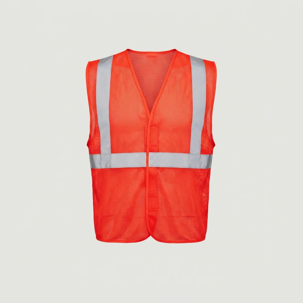 Fluorescent orange-red mesh vest with narrow silver reflective bands around the torso